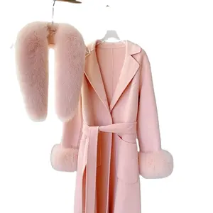 Fashion Lady Wool Coat Real Fox Fur Cuff Winter Spring Custom Ladies Pink Cashmere Fur Coat