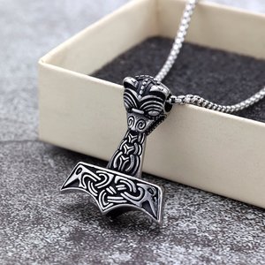 Nordic Retro Stainless Steel Men's Thor Hammer Pendant Necklace Gift Jewelry Geometric Design Asymmetry Pattern <b>Cross</b> Shape - Product Image 2
