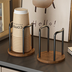 Disposable Cup Dispenser Faux Walnut Wood Round Desktop Coffee <b>Tea</b> Cup Holder Storage Rack - Product Image 1