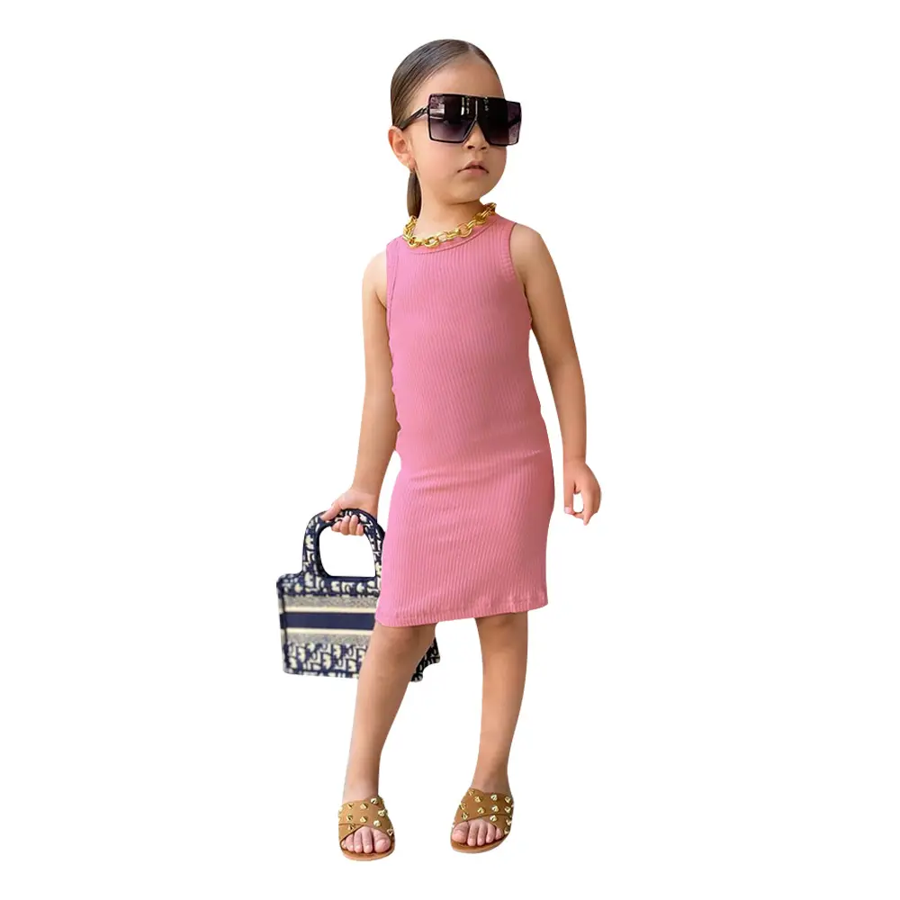 Custom Toddler Girls Casual Wear Knit Ribbed Cotton Dress Round Neck Sleeveless Solid Color Knee Length Dresses