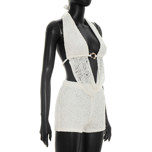 Viviblook J26ST162 Conjunto de verano para mujer, top sin espalda con cuello halter de encaje, pantalones cortos ajustados, conjunto de dos piezas - Product Image 3