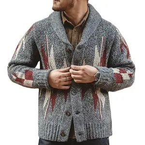 Rétro Vintage Gris Foncé Aztèque Géométrique Jacquard Col Châle À Manches Longues Tricoté Pull D'hiver Cardigan Hommes