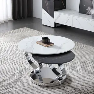 الفاخرة الحديثة الأبيض الرخام الأسود الفولاذ المقاوم للصدأ قاعدة معدنية مستديرة قابلة للتمديد طاولة القهوة أثاث غرفة المعيشة