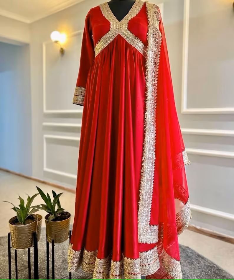 Heavy Beautiful Designer Red Long Flared Anarkali Gown