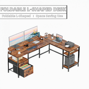 Table d'ordinateur pliable en forme de L avec support d'écran, étagère, cadre en bois, gain de place, tiroir à dossiers, montage facile, rangement pour salon - Product Image 2