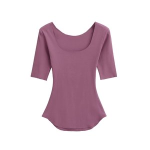Camiseta Básica Sexy de Corte Regular con Cuello en U para Mujer, Verano, Manga Corta, Ligera, Transpirable, Moldeadora - Product Image 3