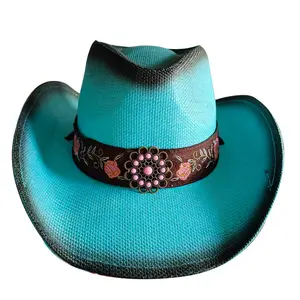 2024 New Retro Embroidered Pattern turquoise Cowgirl Hat with Large brims turquoise Blue Western Straw Cowboy Hat