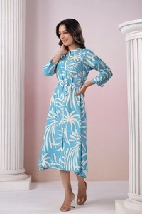 2025 elegante Blue Lagoon Breeze seda rusa Floral hasta la rodilla Formal ecológico tejido con cinturón vestido de fiesta para mujer - Product Image 4