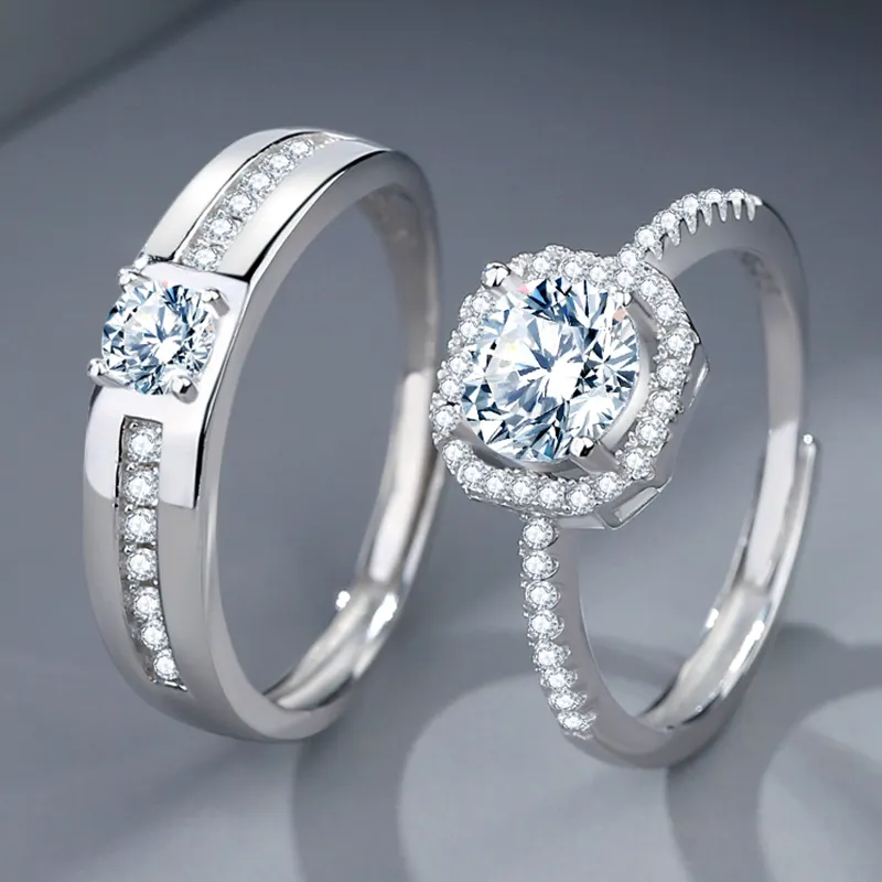 DQ8384R S925 Sterling Silver Couples Ring Zircon Bague de fiançailles pour hommes et femmes est réglable Cubic Zircon Couples Ring