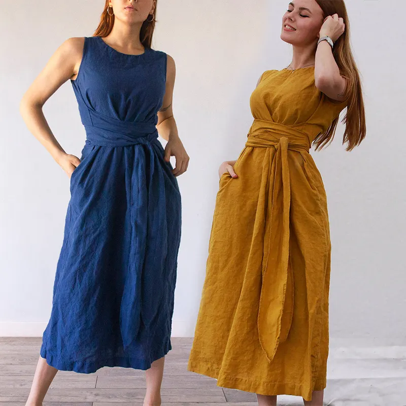 Fashion Women Clothing Blue And Yellow Sleeveless Waist Straps 100% Linen Dress Slim Long Linen Dress