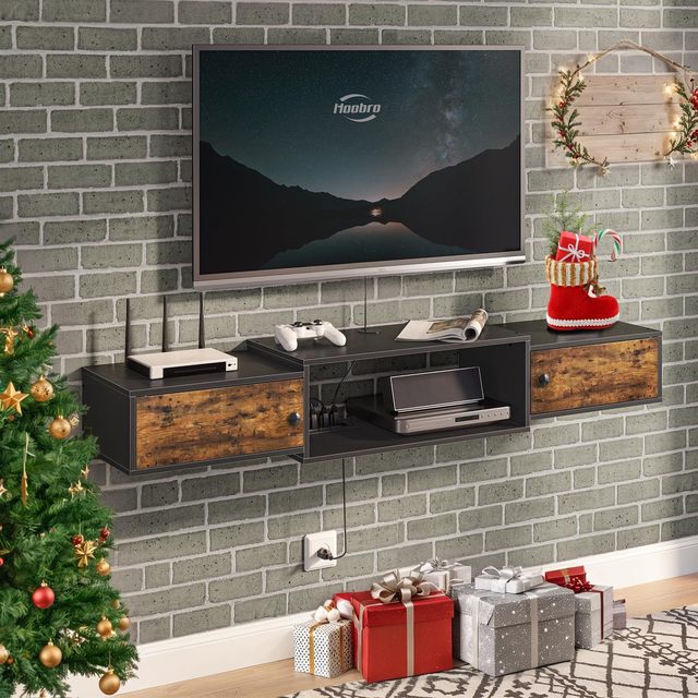 Rustic Floating TV Unit  Wall Mount Media Console 2 Storage Drawers Open Middle Compartment Built Power Cord Living Room Cabinet