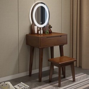 Coiffeuse moderne européenne minimaliste nordique en bois massif avec miroir éclairé et veilleuse, rangement intégré pour salon et petits appartements - Product Image 2