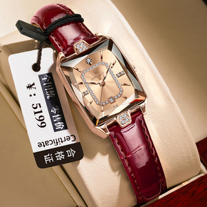นาฬิกาข้อมือผู้หญิง Poedagar Small Square หน้าปัดสี่เหลี่ยมขนาด 28 มม. ตัวเรือนสีโรสโกลด์ สายหนังสีแดง นาฬิกาควอตซ์ - Product Image 1
