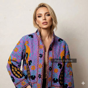 Veste universitaire en velours brodé floral bohème d'hiver et d'automne, écologique, anti-rides, coupe-vent, respirante, en coton Suzani - Product Image 5