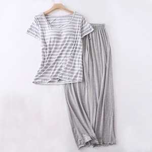 Wholesale Womens Full Length Pajamas Sets Stripes Padded Top Drawstring Elastic Long Pants Sleepwear <b>Twinset</b> - Product Image 4