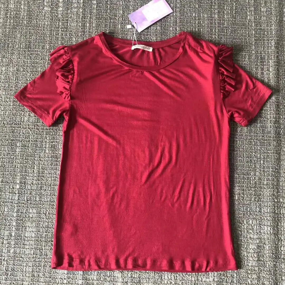 Blusa-Camiseta con volantes para Mujer, Camisa lisa de manga corta de mezcla de algodón