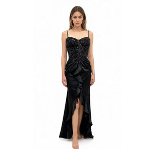 Abito <span class=keywords><strong>da</strong></span> sera a sirena nero <span class=keywords><strong>con</strong></span> paillettes, spacco e spalline sottili, modello ODM OEM - Product Image 1