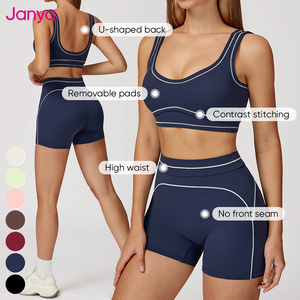 Janya-Sujetador deportivo de alta calidad para mujer, conjunto de pantalones cortos de Yoga de cintura alta, ropa deportiva cepillada con bloqueo de color, conjuntos de Yoga de 2 piezas - Product Image 3