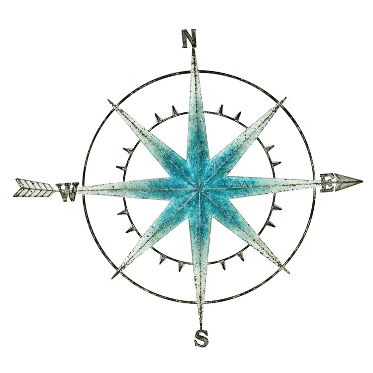 IVYDECO Retro Distressed Nautical Decor Circle Arrow Compass Wall Deco Metal Art Home Decoration