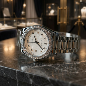 Montre mécanique NASIR avec bracelet en argent pour femme, élégante avec lunette sertie de diamants - Product Image 3