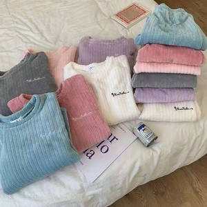 Women Autumn Winter Sleepwear Suit Long Sleeve O-neck Pullover + Long <strong>Wide</strong> <strong>Leg</strong> Pants Lady Casual Fleece Warm Pajamas - Product Image 2