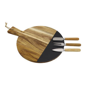Planche à fromage en bois d'acacia et <span class=keywords><strong>ardoise</strong></span> noire naturelle pour charcuterie et pizza avec ensemble de 3 couteaux à fromage en acier inoxydable et fourchettes - Product Image 3