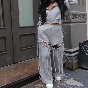 Nouveauté : Ensemble 2 pièces décontracté pour femme, pantalon ample à jambes larges avec fermeture éclair unique à capuche, vêtements de sport tendance - Product Image 5