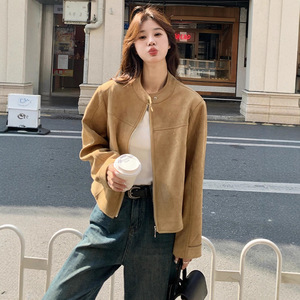 Khaki <b>Suede</b> <b>Jacket</b> Women Short Loose Fit Full Sleeve Cow <b>Suede</b> Autumn Casual Korean Style Coat - Product Image 1