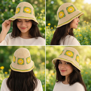 หมวกปีกกว้างถักโครเชต์ลายดอกไม้ งานแฮนด์เมดคุณภาพส่งออก พร้อมโบว์ผูก  แบบพับได้ เหมาะสำหรับใส่ไปเที่ยวทะเล สำหรับผู้หญิง - Product Image 3