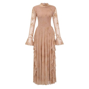 Abito Lungo da Cerimonia Primavera 2026, Design alla Moda, Stampa Floreale <span class=keywords><strong>Vintage</strong></span>, Sexy con Laccetti Posteriori, Maniche a Campana, Rosa e Grigio - Product Image 5