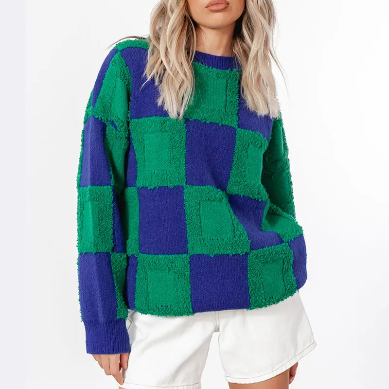 2 Herbst und Winter New Plaid Pattern Pullover Rundhals ausschnitt Langarm Tops Frauen Loose Knit Sweater