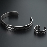 Ensemble de bijoux en acier inoxydable, vente en gros d'usine, bague unisexe classique et audacieuse en acier inoxydable motif battement de cœur noir, motif vague de cœur, économique