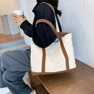 Nouvelle mode de sac fourre-tout en toile de grande capacité pour femmes, sac fourre-tout bateau polyvalent à fermeture éclair simple avec deux poignées - Product Image 3