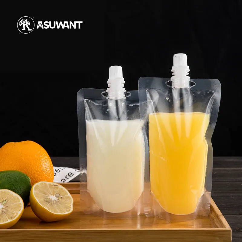 カスタムプリントフードグレード再利用可能なスタンドアップクリアプラスチックドリンク液体注ぎ口ポーチワインミルクジュース飲料用