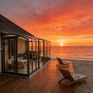 Véranda en verre arqué <span class=keywords><strong>noir</strong></span> de qualité supérieure, au bord du lac, avec toit incurvé, personnalisable pour une relaxation panoramique au bord de l'eau - Product Image 2