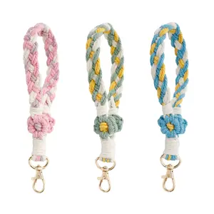 Fast Delivery Handmade Cotton Woven Rope Wristlet Keychain Bag Accessories Boho Flower Wristlet Keychain