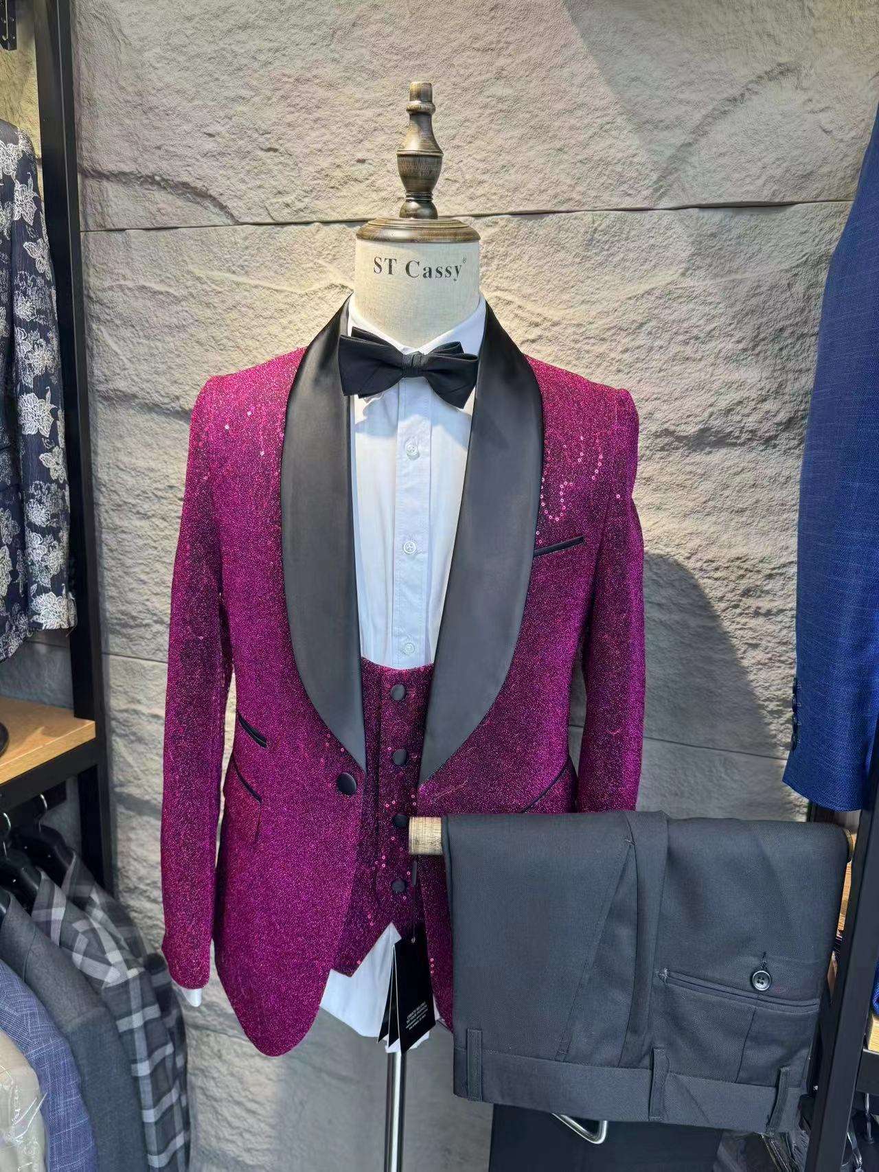 Fuchsia-3pcs/set-Jacket + vest + pants