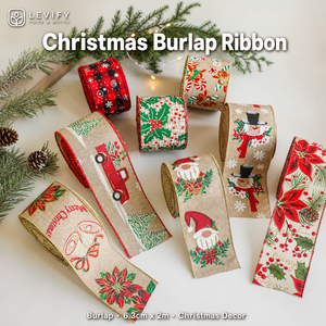 Cinta de Lino con Alambre Personalizada con Estampado de Papá Noel y Copos de Nieve, Cinta Elegante con Alambre para Árbol de Navidad - Product Image 1