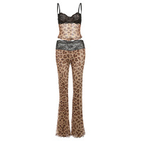 Léopard dentelle maille Sexy haut et pantalon 2 deux pièces ensemble salon porter femmes vêtements 2025 printemps été nouveautés Ropa De Mujer