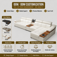 Sofa Sudut Modern Tiga Dudukan Berbentuk L dari Kulit Asli Warna Beige dengan Sandaran Kepala yang Dapat Disesuaikan, Penyimpanan Konsol, dan Pelapis Busa.