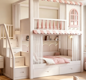 <span class=keywords><strong>Lit</strong></span> superposé sur mesure à deux niveaux avec bureau et rangement intégré, en bois d'hévéa importé, construction robuste pour petits appartements - Product Image 6