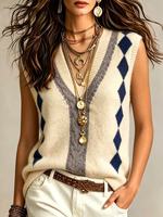 Gilet en tricot Argyle pour femme toutes saisons, col en V, sans manches, style preppy, gilet en jacquard, fabrication sur mesure OEM ODM, fournisseur d'usine en gros