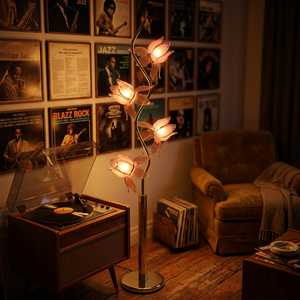 Elegant 4 Bloom Lotus Standing Lamp S Bend Gold Rod Acrylic Petal Shade Living Room Accent Floor Lamp - Product Image 1