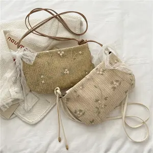 韩版沙滩稻草编织花朵刺绣蕾丝女水桶包定制设计师手工复古奢华腋下手提包