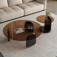 Ensemble Table Basse Salon Italien Luxe Léger, Table de Thé Moderne Créative Ronde Combinaison avec Base en Bois, Table Centrale et d'Appoint