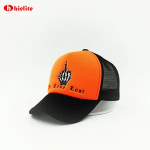 Orange Customizable 5-Panel Mesh Trucker Cap Embroidered and Plain Pattern for Men Sporty and Fashionable Outdoor Use