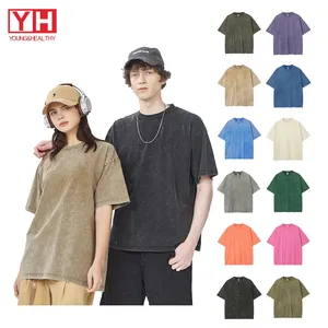 Camiseta de algodão pesado com estampa OEM para homens, camiseta de grandes dimensões com bordado, roupas de rua lavadas com ácido
