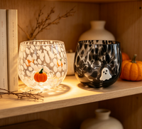 Stoples Lilin Kaca Bertema Halloween dengan Patch Hantu Labu 3D, Stoples Lilin Teh Kaca Berbintik Tiup Tangan untuk Dekorasi Rumah