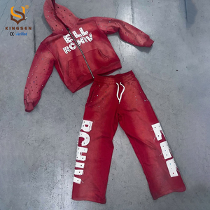 ชุดเซ็ตเสื้อฮู้ดดี้หนานุ่มและกางเกงวอร์มผ้าเฟรนช์เทอร์รี่ทรงสตรีทแวร์สำหรับผู้ชาย ลวดลายปักแบบวินเทจ ซักย้อมสีแบบแอซิดวอช - Product Image 4