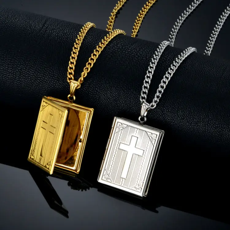 Fashion gold open frame photo pendant cross bible necklace